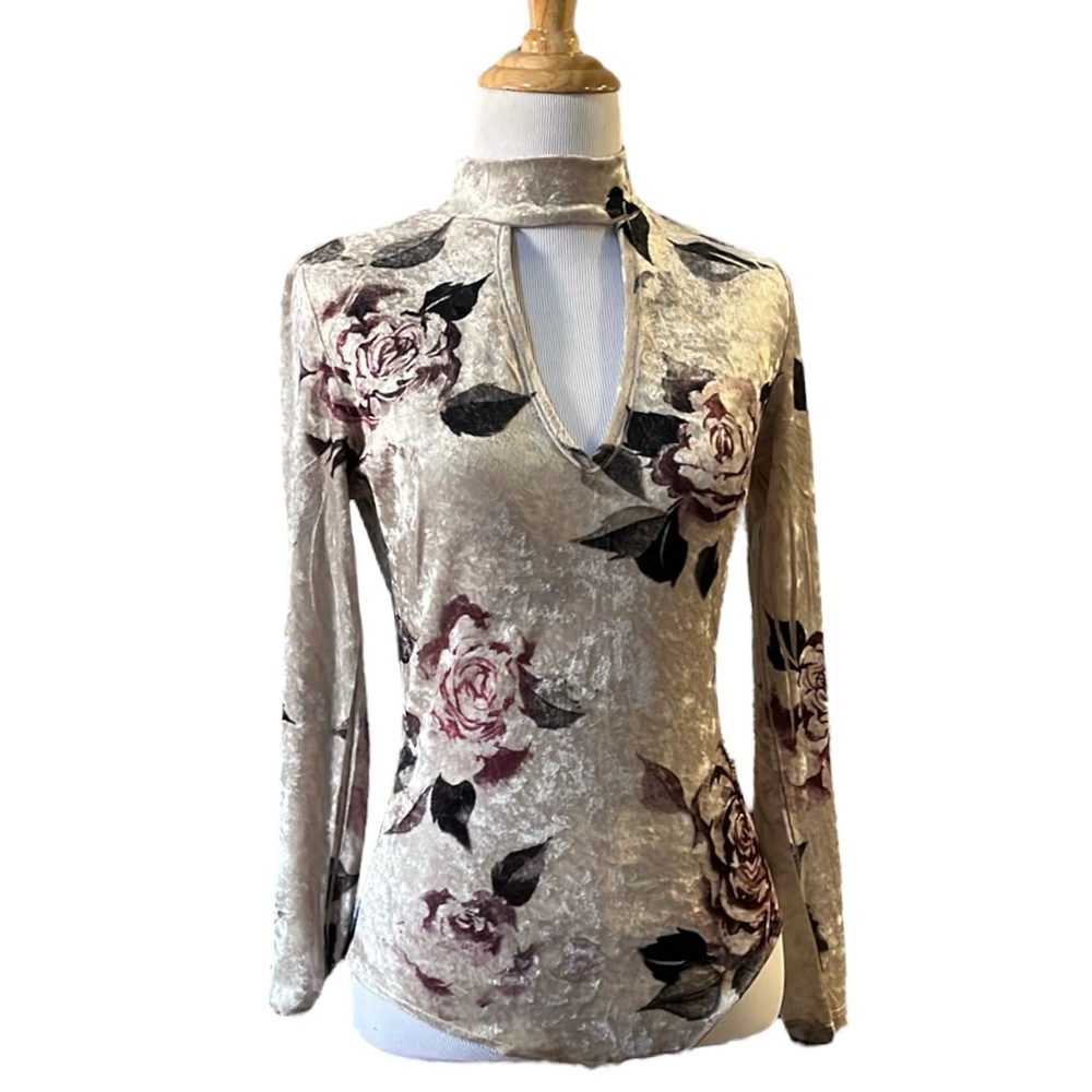 CHARLOTTE RUSSE LONG SLEEVE HIGH NECK ROSE PRINT VELOUR BODYSUIT MULTI SIZE S - Picture 1 of 15